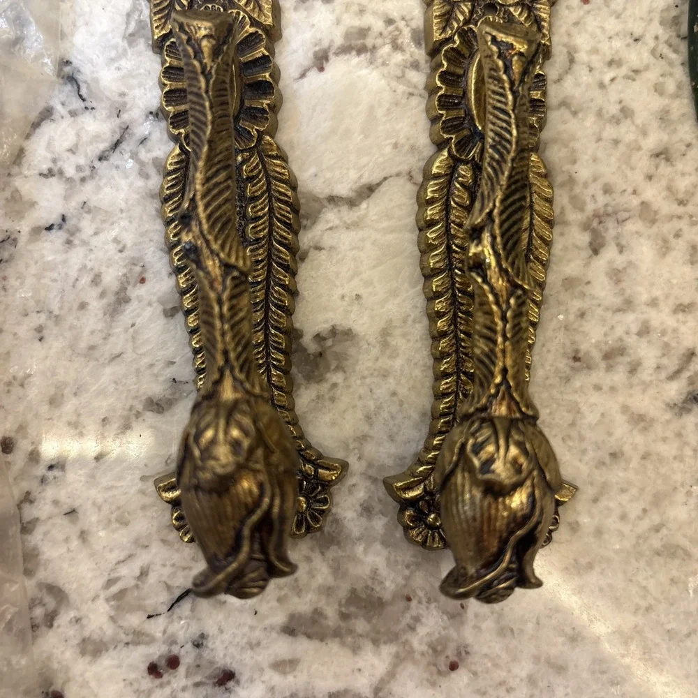 6 Vintage Ornate Brass? Drop Pull Handle Art Nouveau Rose Leaf Westbrook NOS